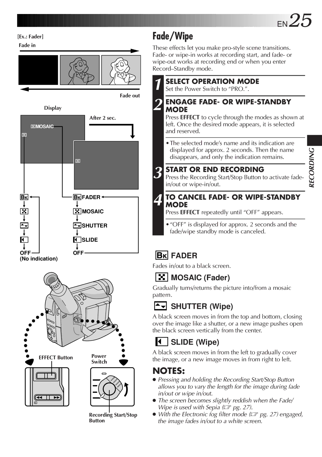 JVC GR-AXM511 manual Fade/Wipe, Modeengage FADE- or WIPE-STANDBY, Start or END Recording 