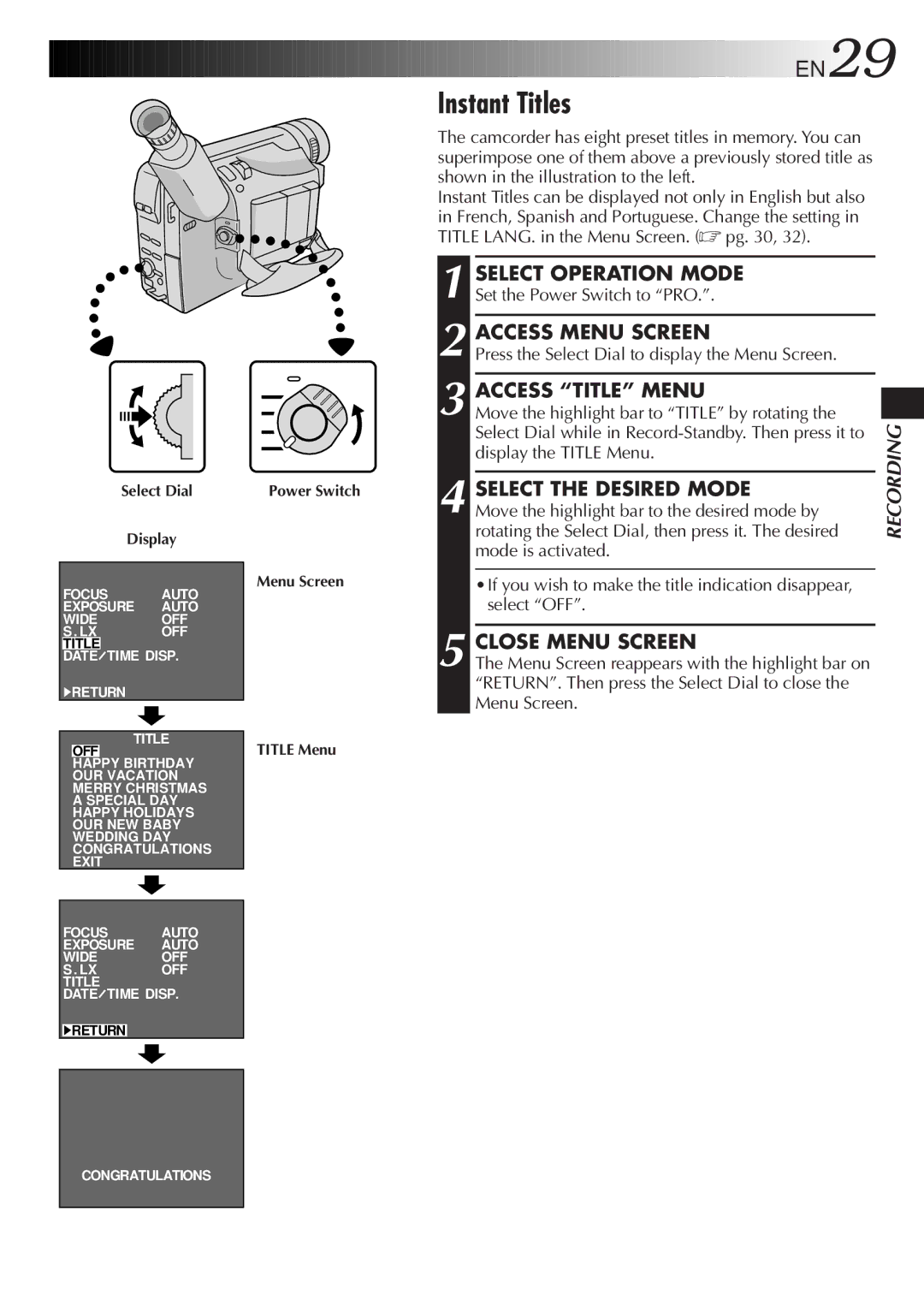 JVC GR-AXM511 manual Instant Titles, Access Title Menu, Select the Desired Mode 