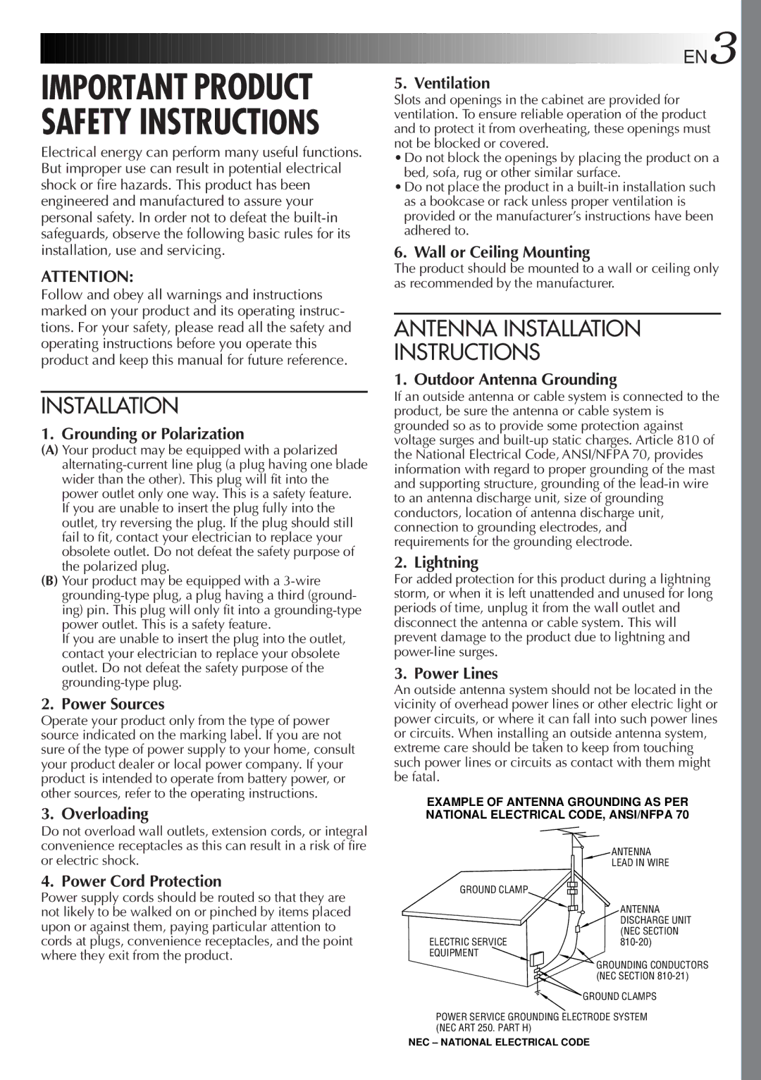 JVC GR-AXM511 manual Important Product Safety Instructions 