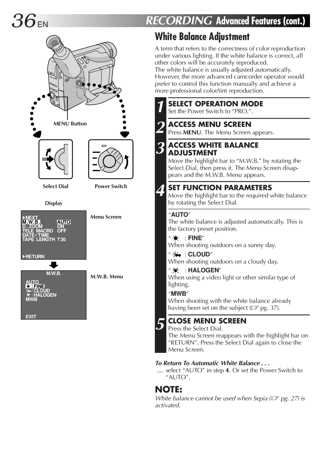 JVC GR-AXM511 manual Access White Balance Adjustment, SET Function Parameters, To Return To Automatic White Balance 