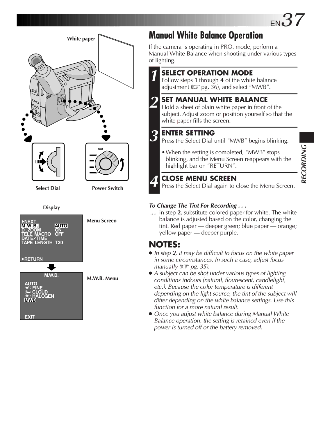 JVC GR-AXM511 Manual White Balance Operation, SET Manual White Balance, Enter Setting, To Change The Tint For Recording 