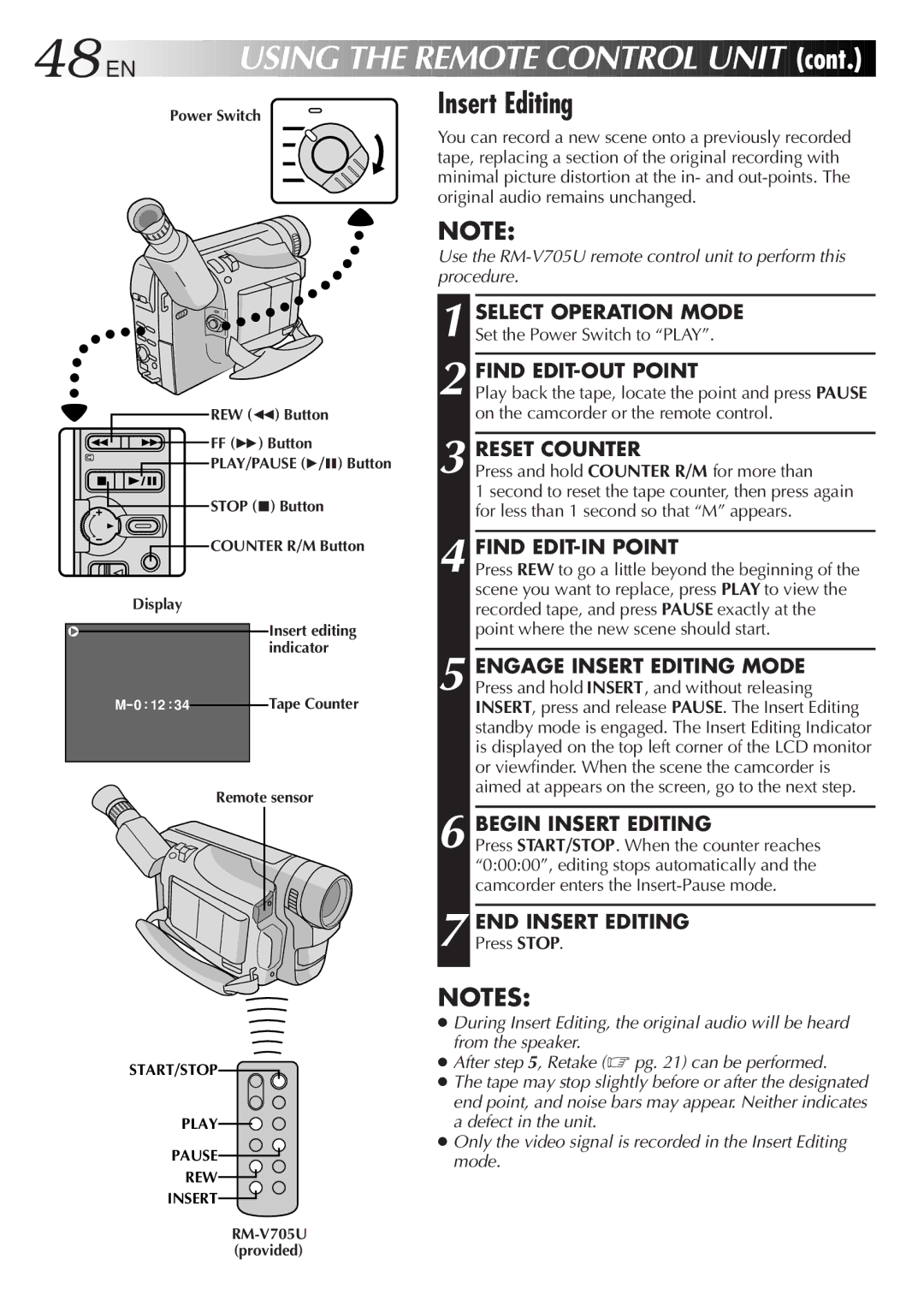 JVC GR-AXM511 manual Find EDIT-OUT Point, Reset Counter, Begin Insert Editing, END Insert Editing 