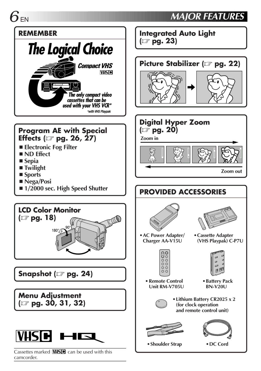 JVC GR-AXM511 manual Cassettes marked can be used with this camcorder, Zoom Zoom out, Cassette Adapter, Remote Control 