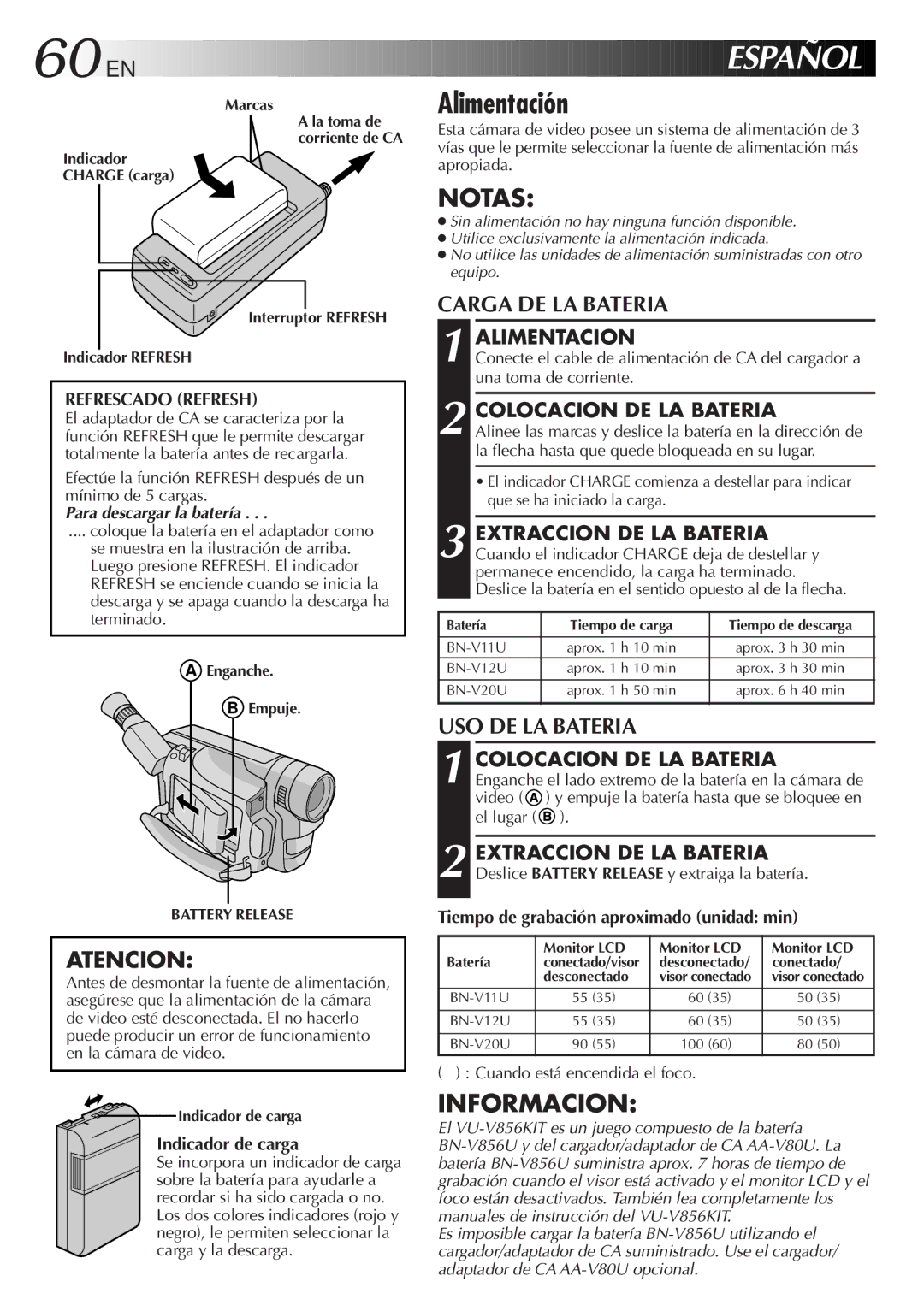 JVC GR-AXM511 manual Alimentación, Alimentacion, Colocacion DE LA Bateria, Indicador de carga 