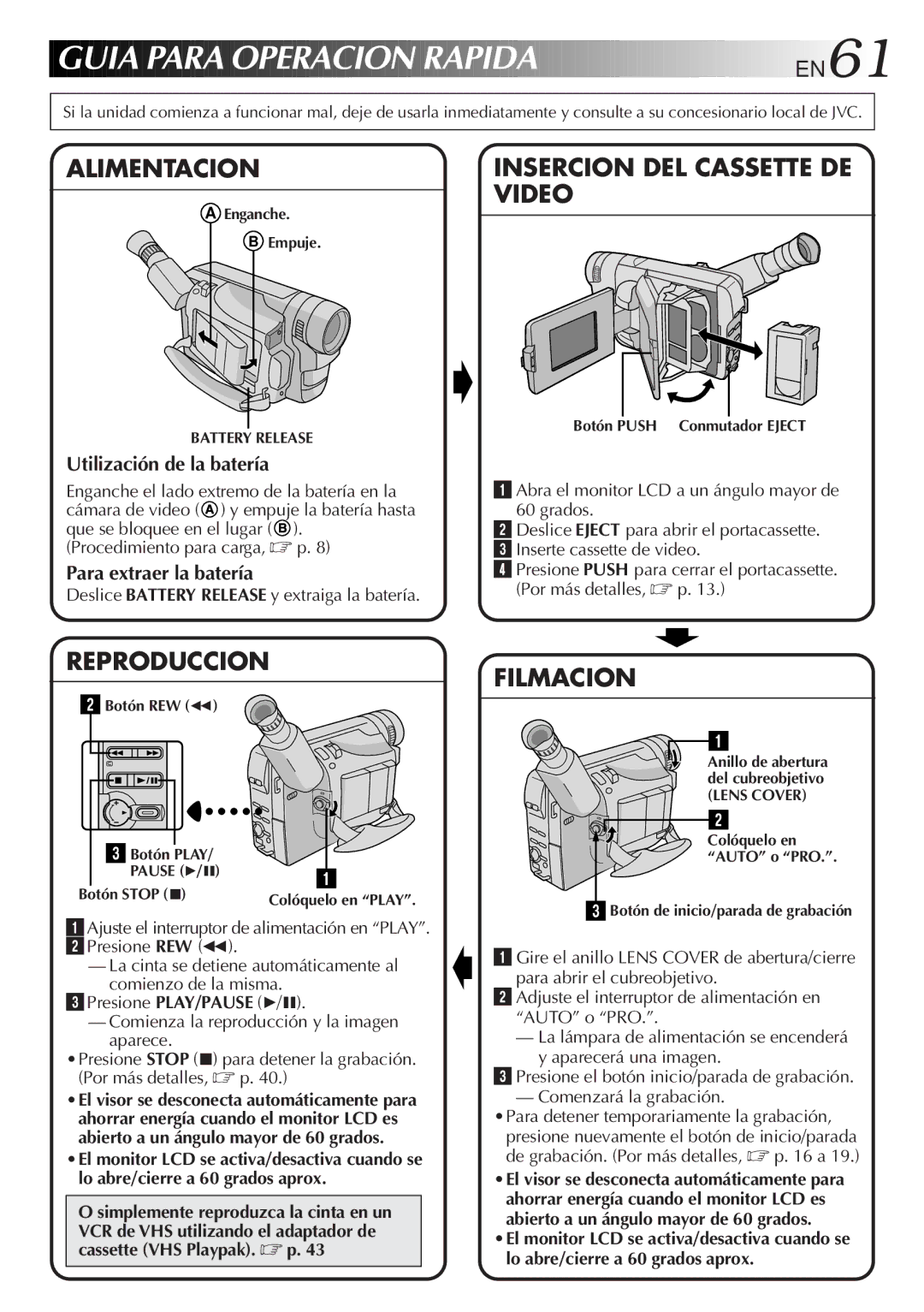 JVC GR-AXM511 manual Guia Para Operacion Rapida, Deslice Battery Release y extraiga la batería 