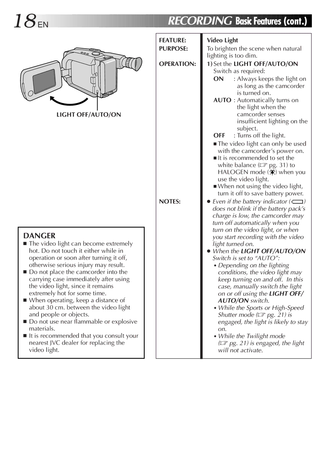 JVC GR-AXM568EG instruction manual Basic Features, Video Light, Set the Light OFF/AUTO/ON Switch as required 