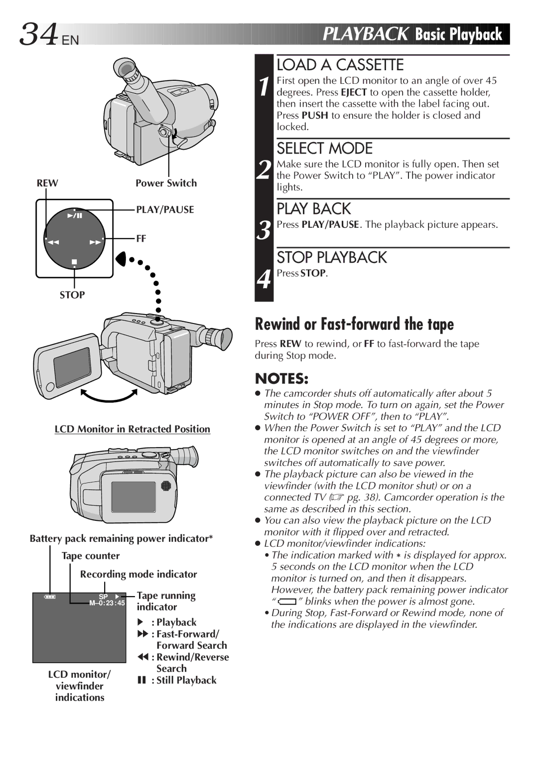 JVC GR-AXM568EG instruction manual Basic Playback, Rewind or Fast-forward the tape, Play Back, Stop Playback 