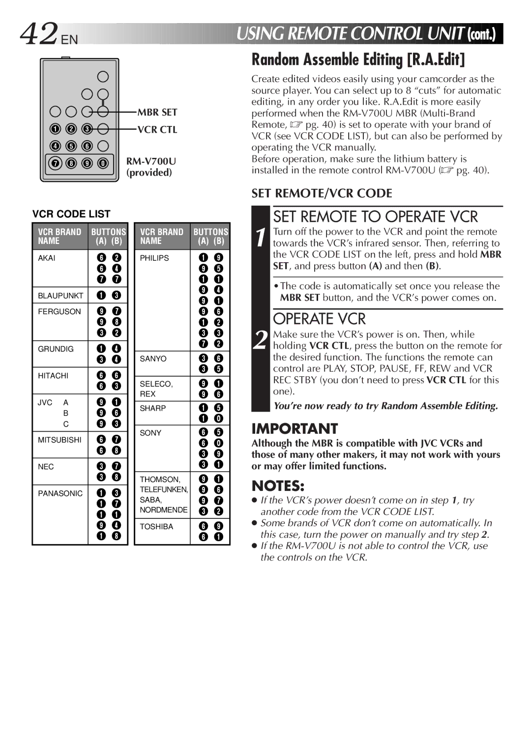 JVC GR-AXM568EG instruction manual Random Assemble Editing R.A.Edit, SET Remote to Operate VCR 