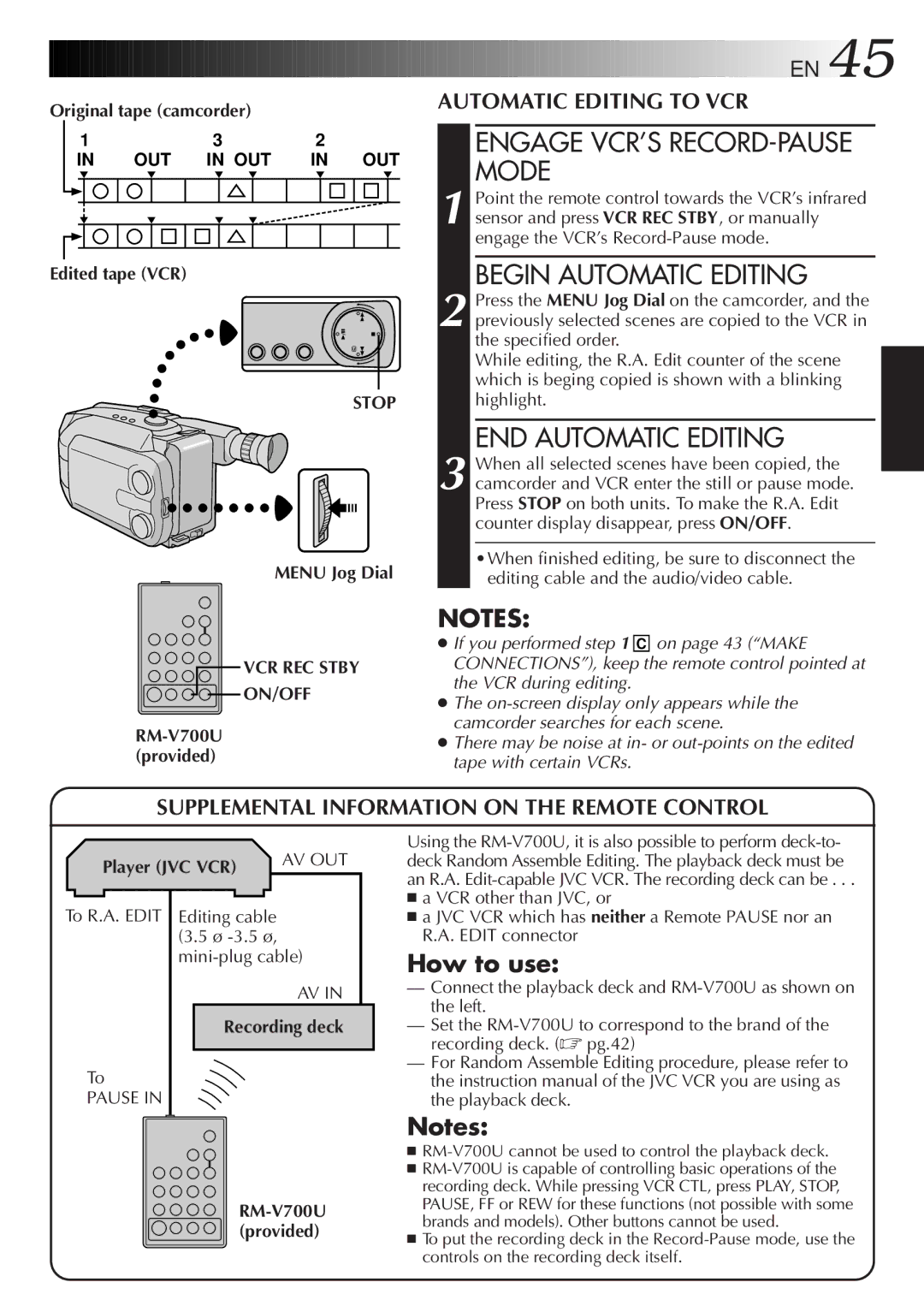 JVC GR-AXM568EG Engage VCR’S RECORD-PAUSE Mode, Begin Automatic Editing, END Automatic Editing, VCR REC Stby ON/OFF 