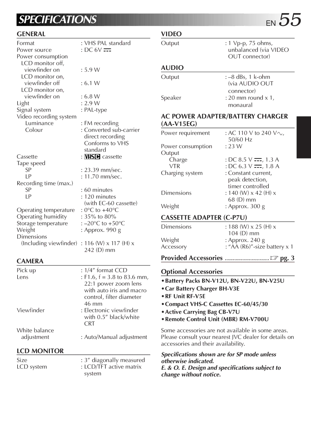 JVC GR-AXM568EG instruction manual Specifications 