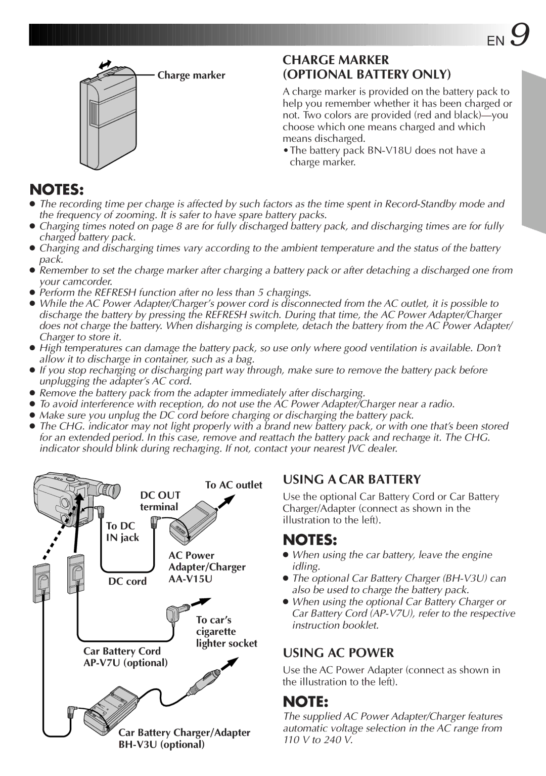 JVC GR-AXM670 manual Charge marker, To AC outlet DC OUT terminal To DC Jack AC Power, DC cord AA-V15U, AP-V7U optional 