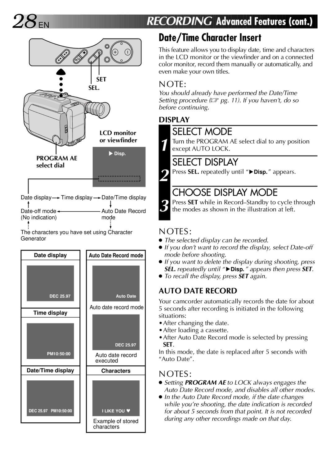 JVC GR-AXM70 manual Date/Time Character Insert, Select Display, Choose Display Mode, Set Sel 