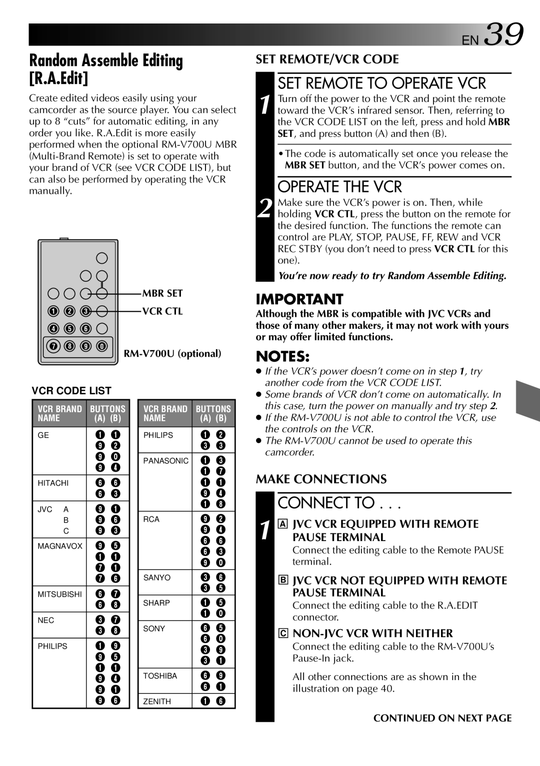 JVC GR-AXM70 manual Random Assemble Editing R.A.Edit, SET Remote to Operate VCR, Operate the VCR, Connect to 