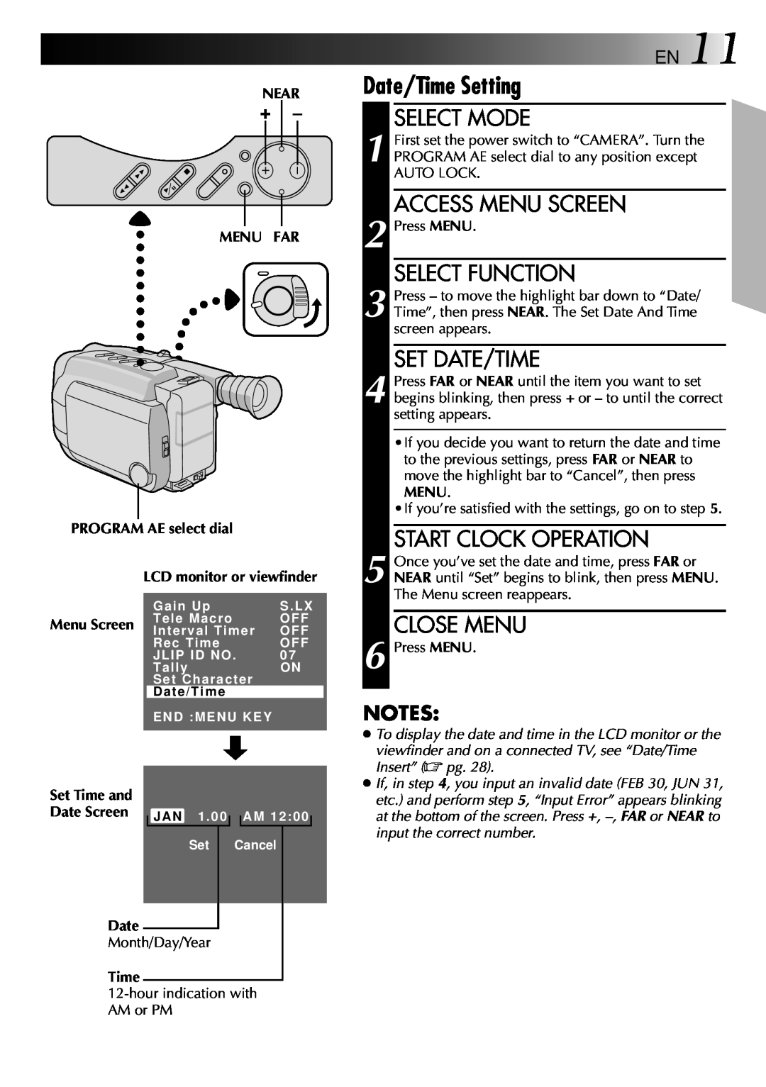 JVC GR-AXM70 manual Start Clock Operation, Close Menu, Date Screen, To display the date and time in the LCD monitor or the 