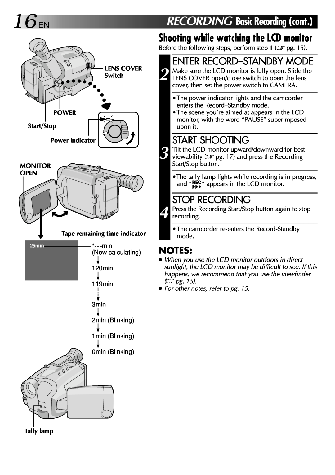 JVC GR-AXM70 manual Enter Record-Standby Mode, Start Shooting, Stop Recording, 16EN RECORDING BasicRecordingcont 