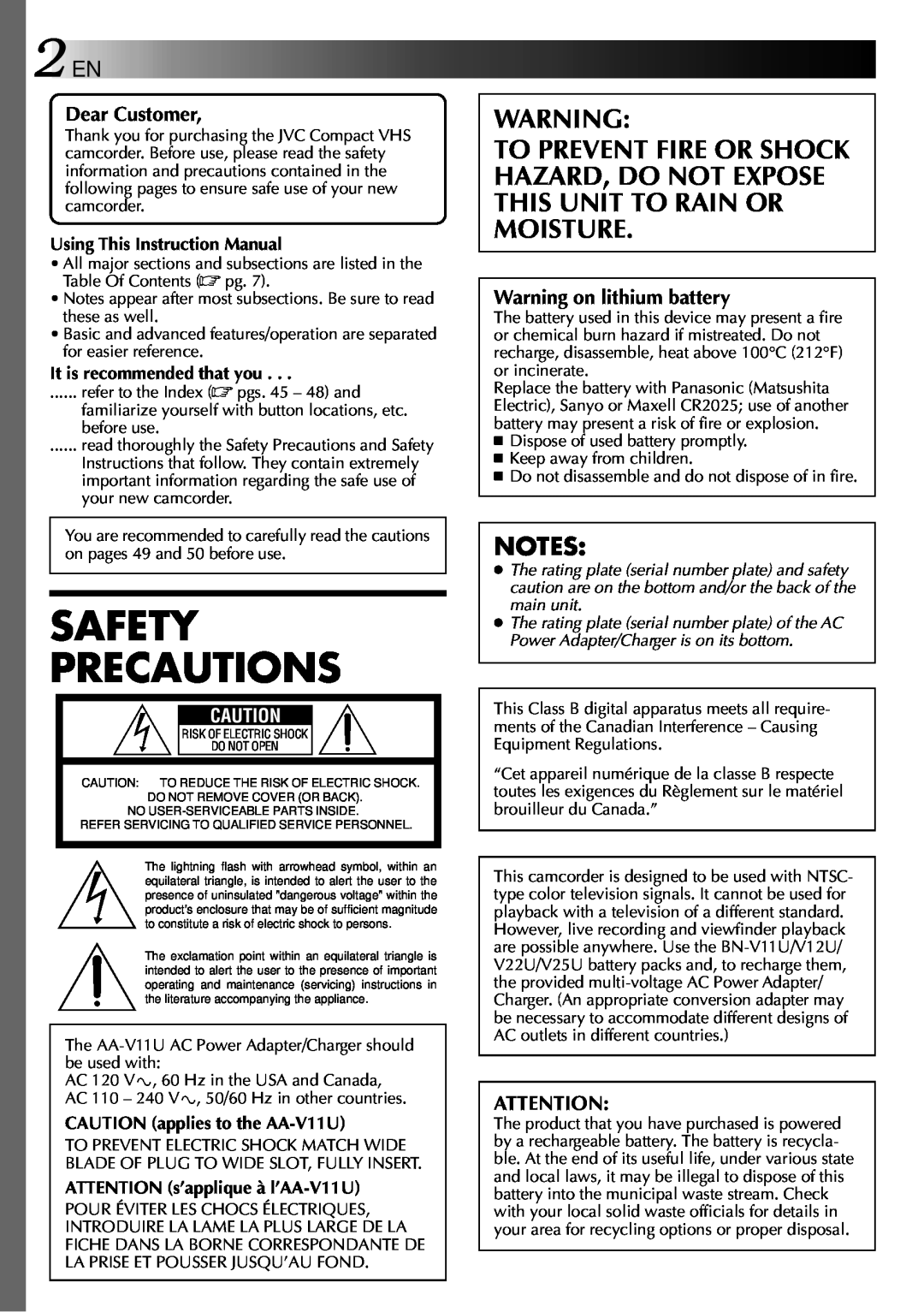JVC GR-AXM70 manual Safety Precautions, Dear Customer, Warning on lithium battery 