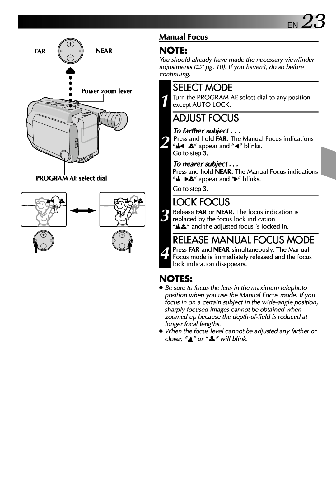 JVC GR-AXM70 manual FAR NEAR Power zoom lever PROGRAM AE select dial 