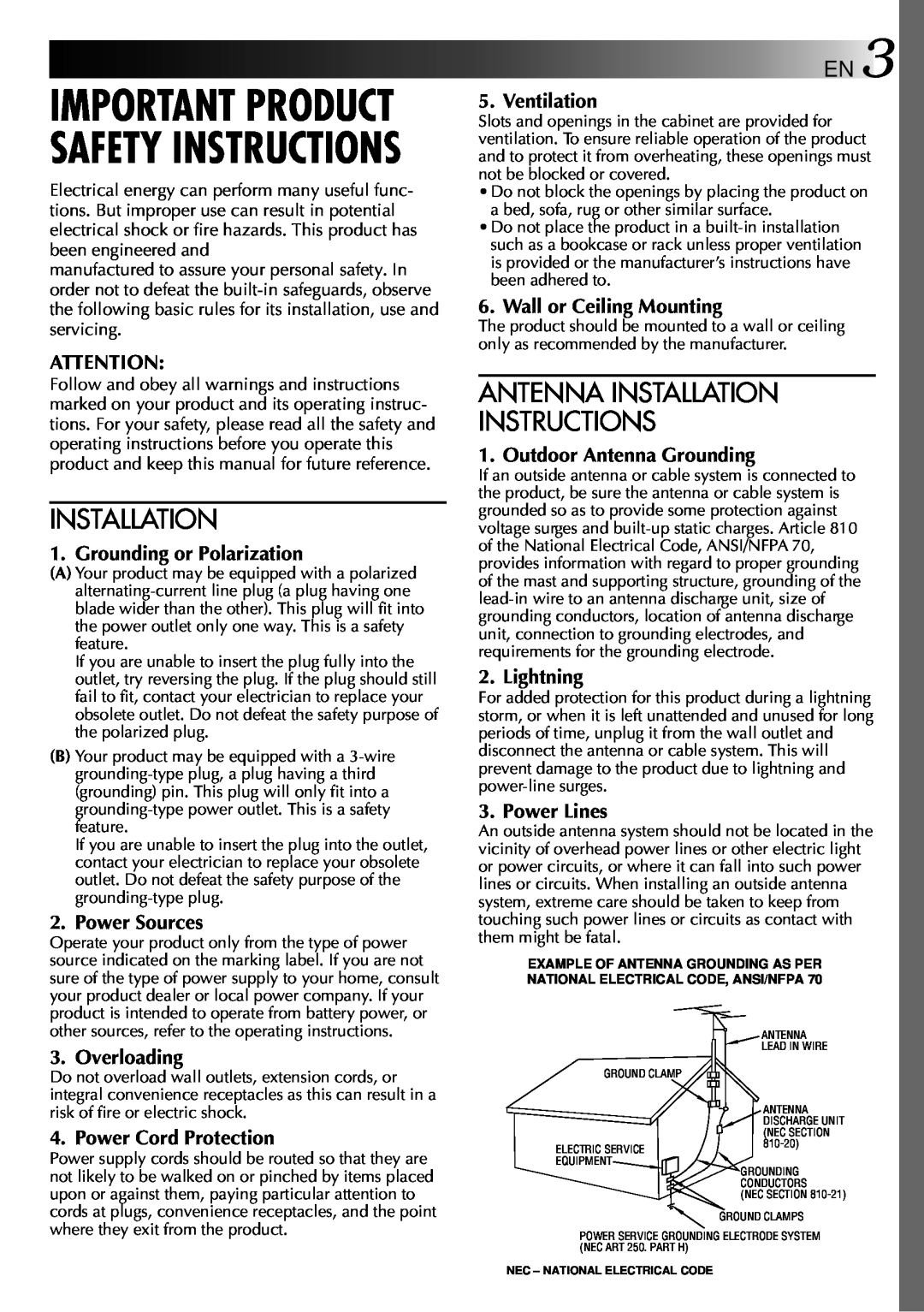 JVC GR-AXM70 manual Antenna Installation Instructions, Important Product Safety Instructions, Grounding or Polarization 