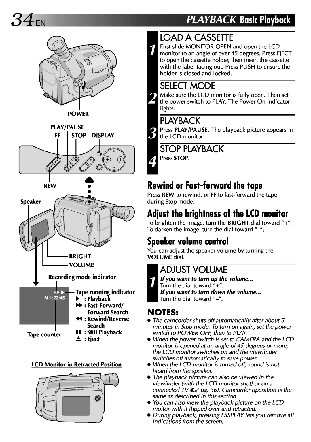 JVC GR-AXM70 manual 34EN PLAYBACK, BasicPlayback, Rewind or Fast-forward the tape, Speaker volume control, Stop Playback 