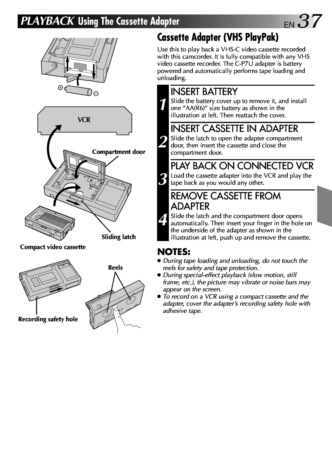 JVC GR-AXM70 manual Cassette Adapter VHS PlayPak, Insert Cassette In Adapter, Play Back On Connected Vcr, Insert Battery 
