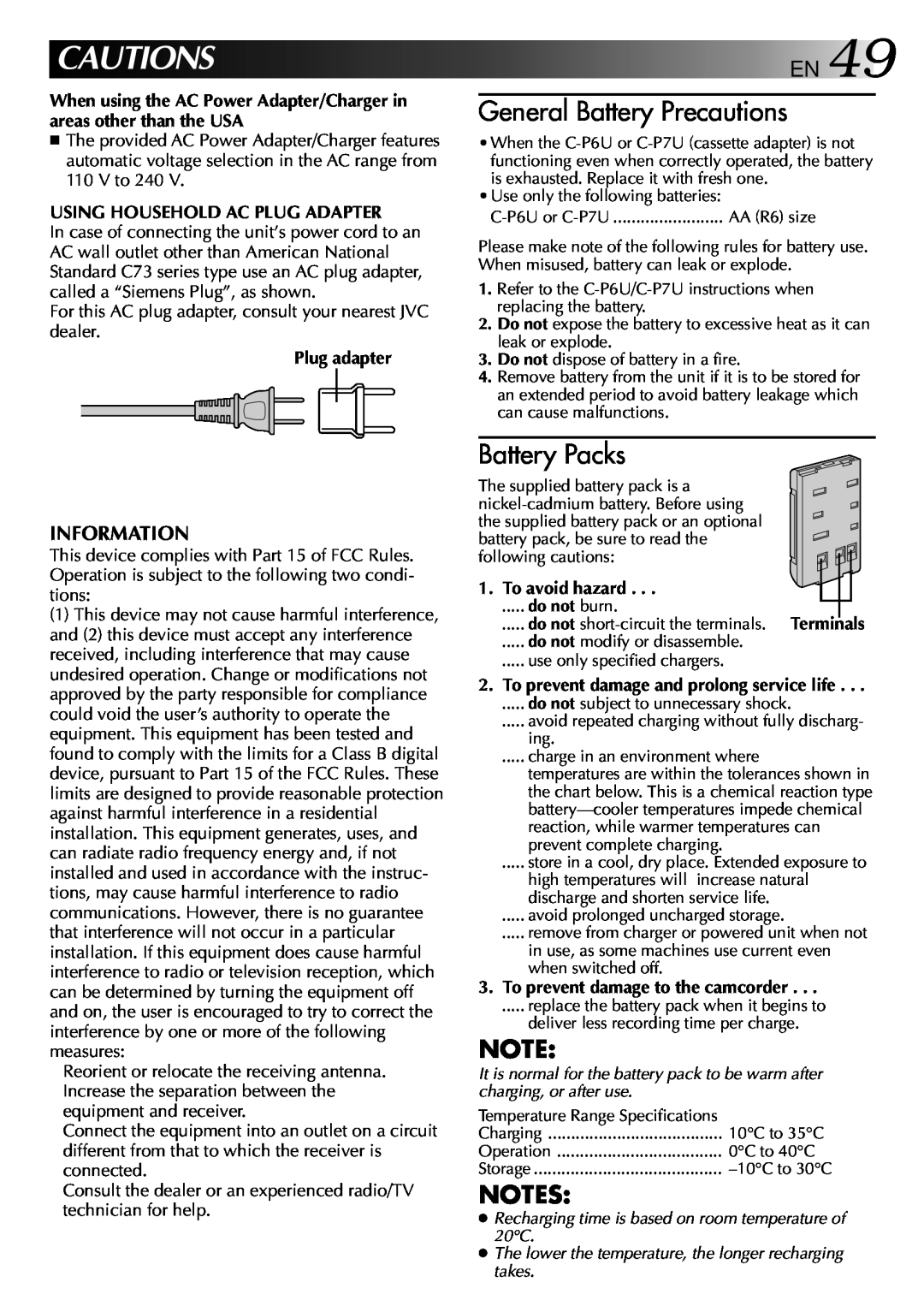 JVC GR-AXM70 manual Cautionsen, General Battery Precautions, Battery Packs, Information 