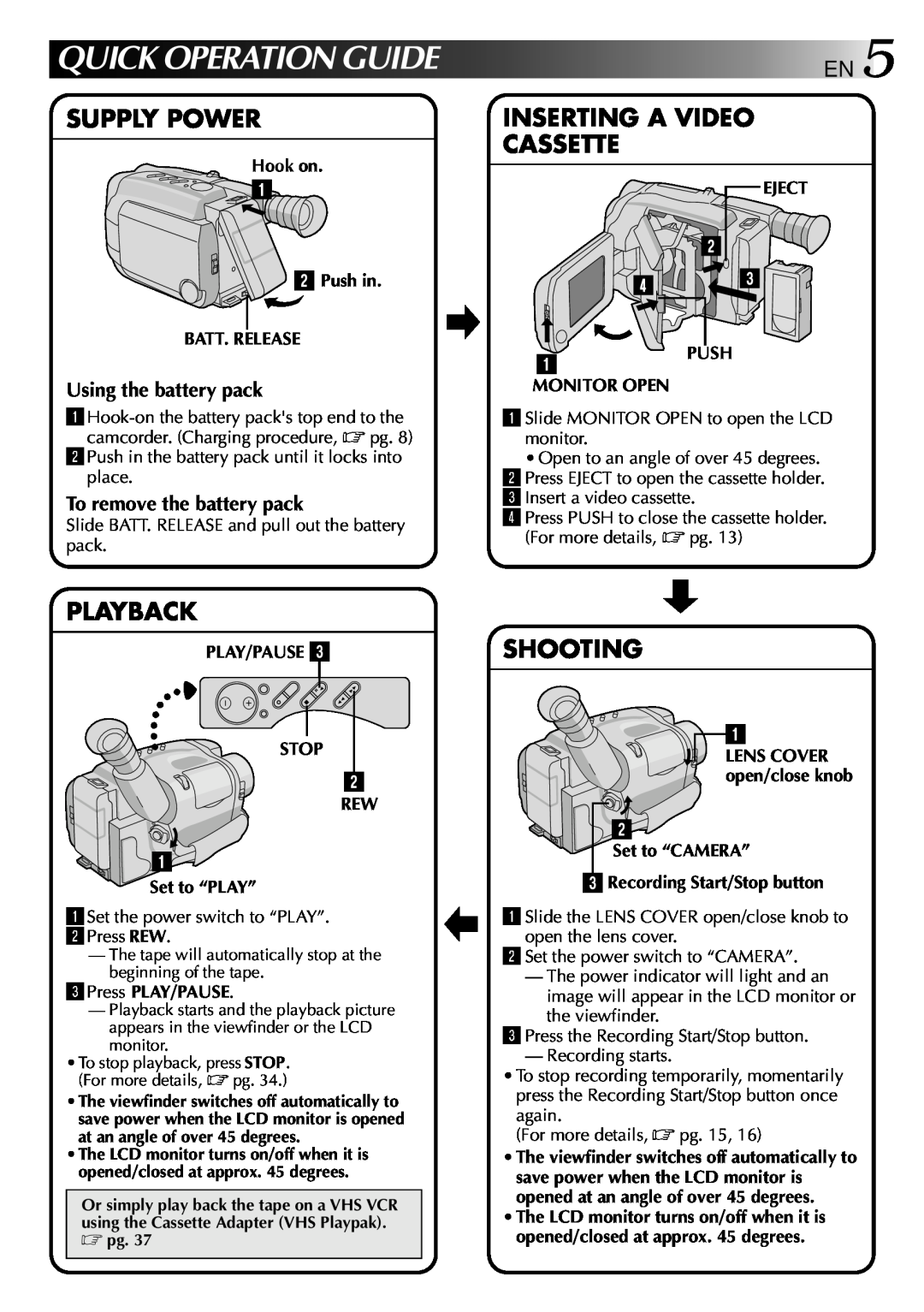 JVC GR-AXM70 Quick Operation Guide, Supply Power, Inserting A Video Cassette, Playback, Shooting, Using the battery pack 