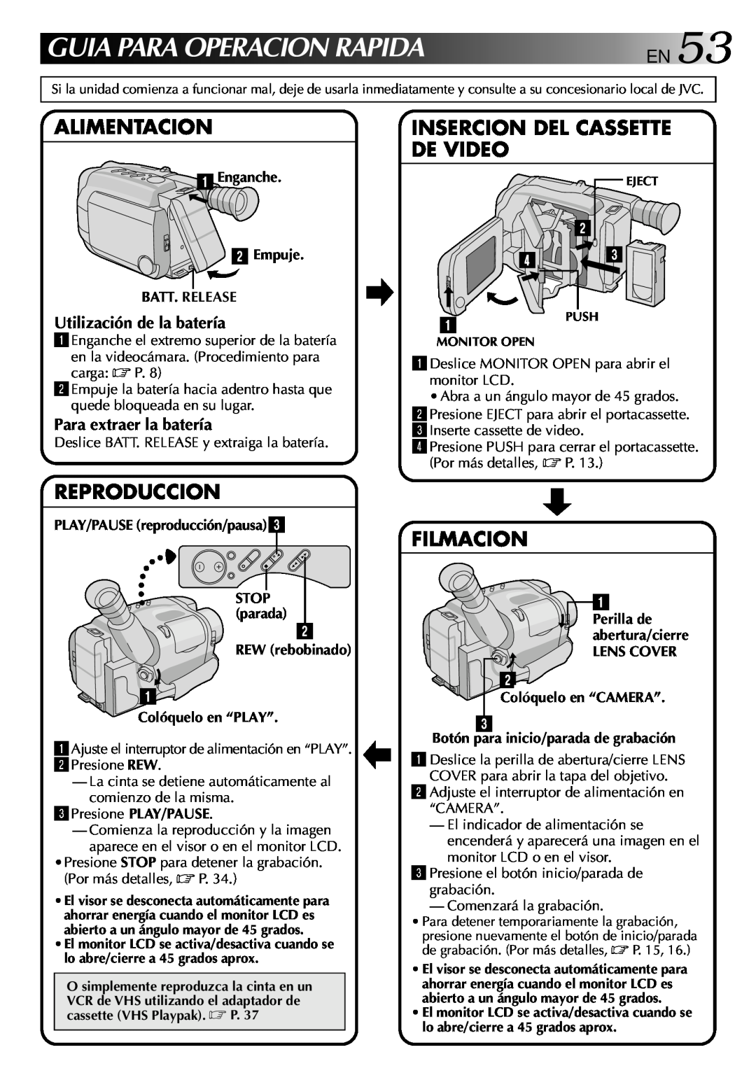 JVC GR-AXM70 manual Guia Para Operacion Rapida En, Alimentacion, Insercion Del Cassette De Video, Reproduccion, Filmacion 