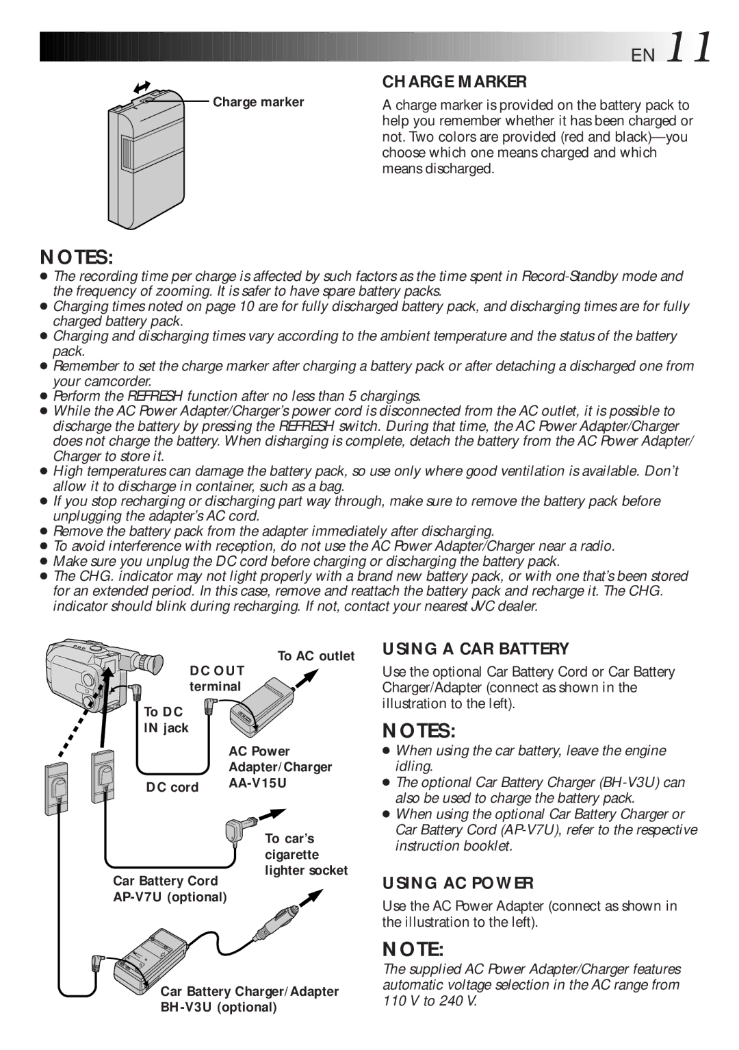 JVC GR-AXM700 manual Charge marker, To AC outlet DC OUT terminal To DC Jack AC Power, DC cord AA-V15U To car’s Cigarette 