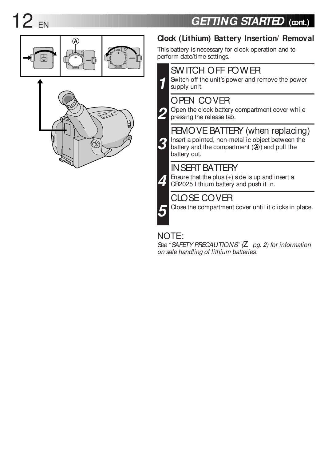 JVC GR-AXM700 manual 12 EN, Getting Started, Cont, Insert Battery, Close Cover 