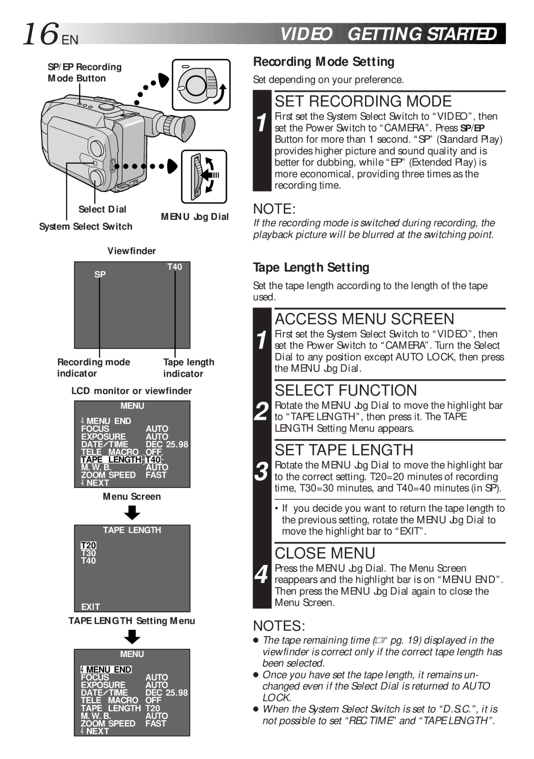 JVC GR-AXM700 manual 16 EN, Video Getting Started, Recording Mode Setting, Tape Length Setting 