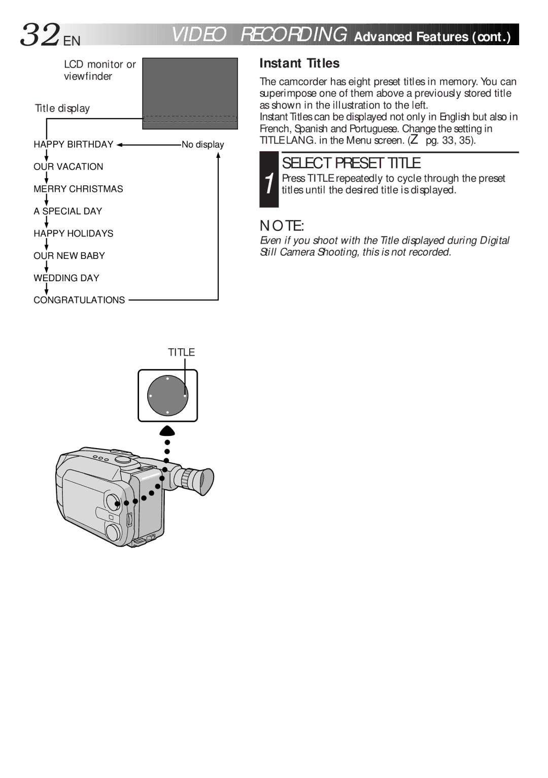 JVC GR-AXM700 manual 32 EN, Instant Titles, Select Preset Title, LCD monitor or viewfinder Title display 