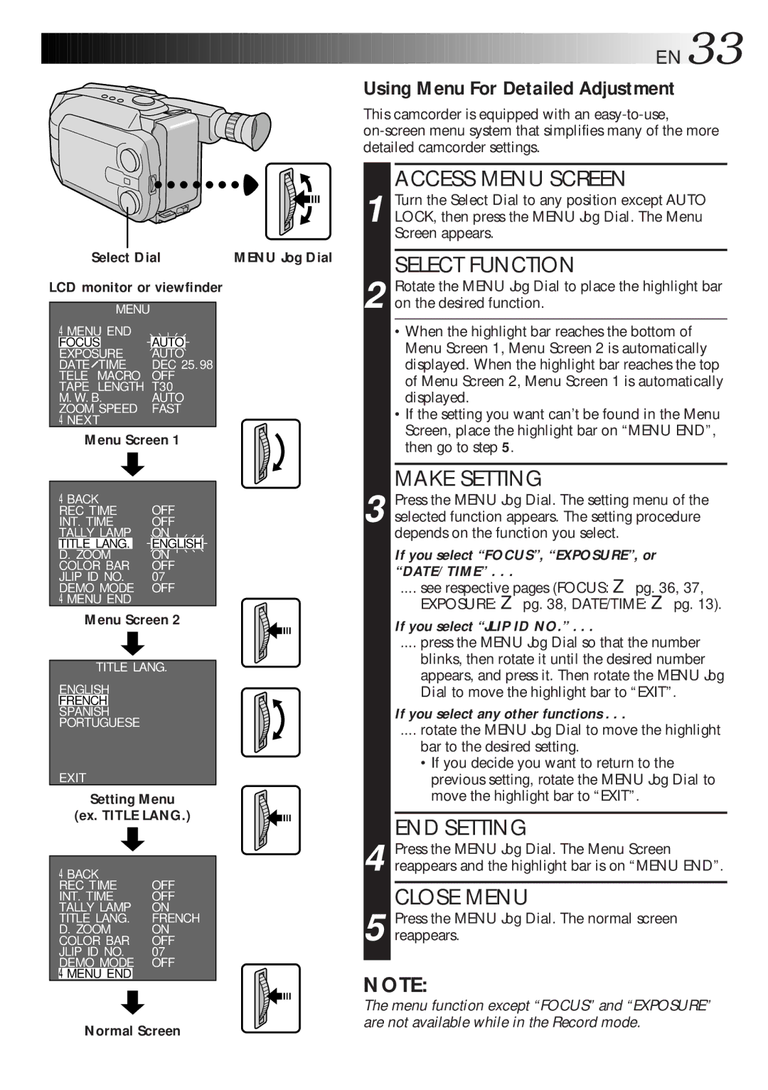 JVC GR-AXM700 Using Menu For Detailed Adjustment, Make Setting, END Setting, Setting Menu Ex. Title Lang, Normal Screen 