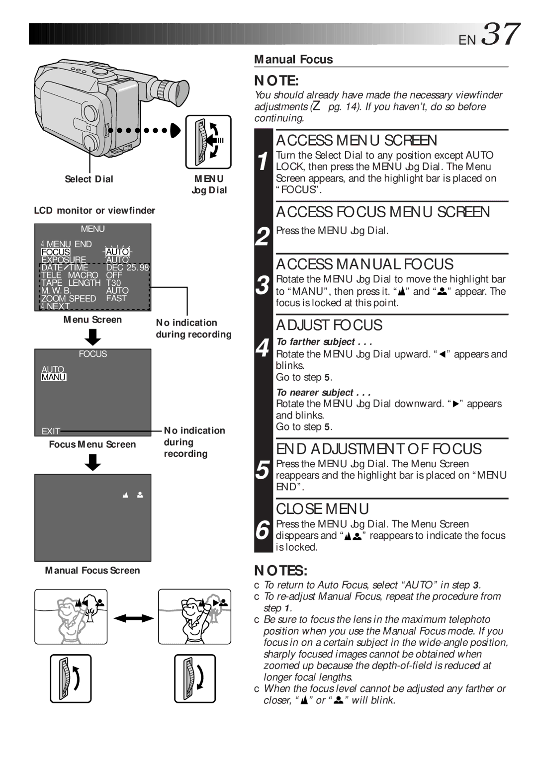 JVC GR-AXM700 manual Focus Menu Screen, Manual Focus Screen 