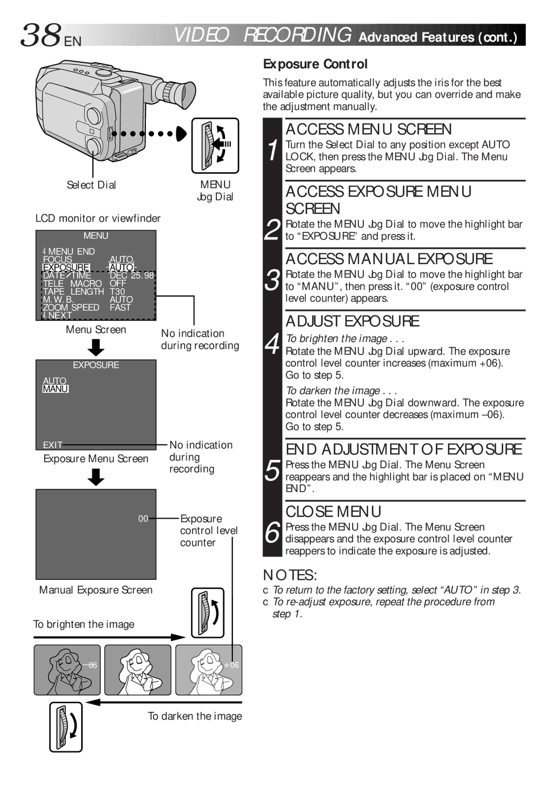 JVC GR-AXM700 manual 38 EN, Manual Exposure Screen To brighten the image, To darken the image 