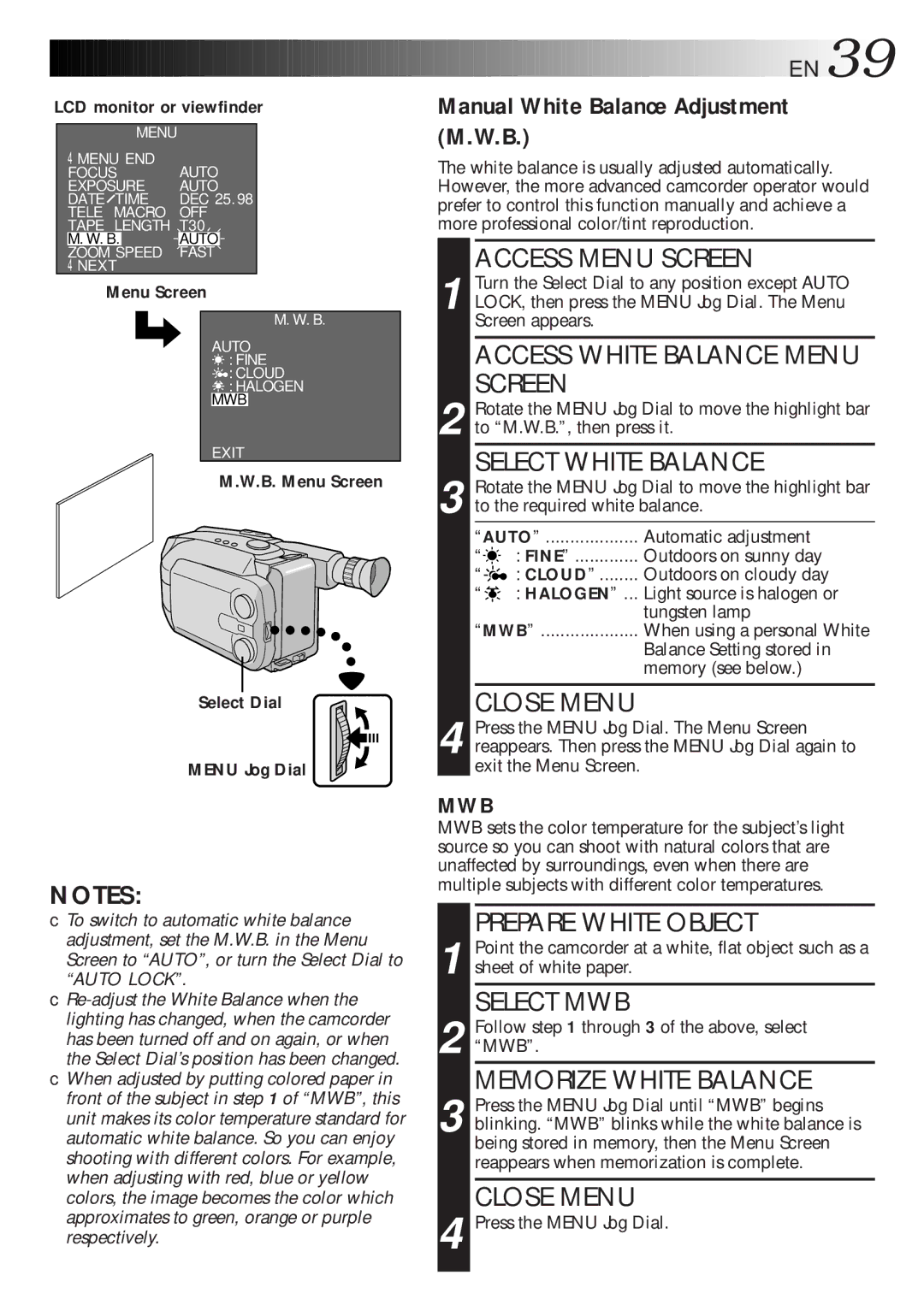 JVC GR-AXM700 manual Manual White Balance Adjustment M.W.B 