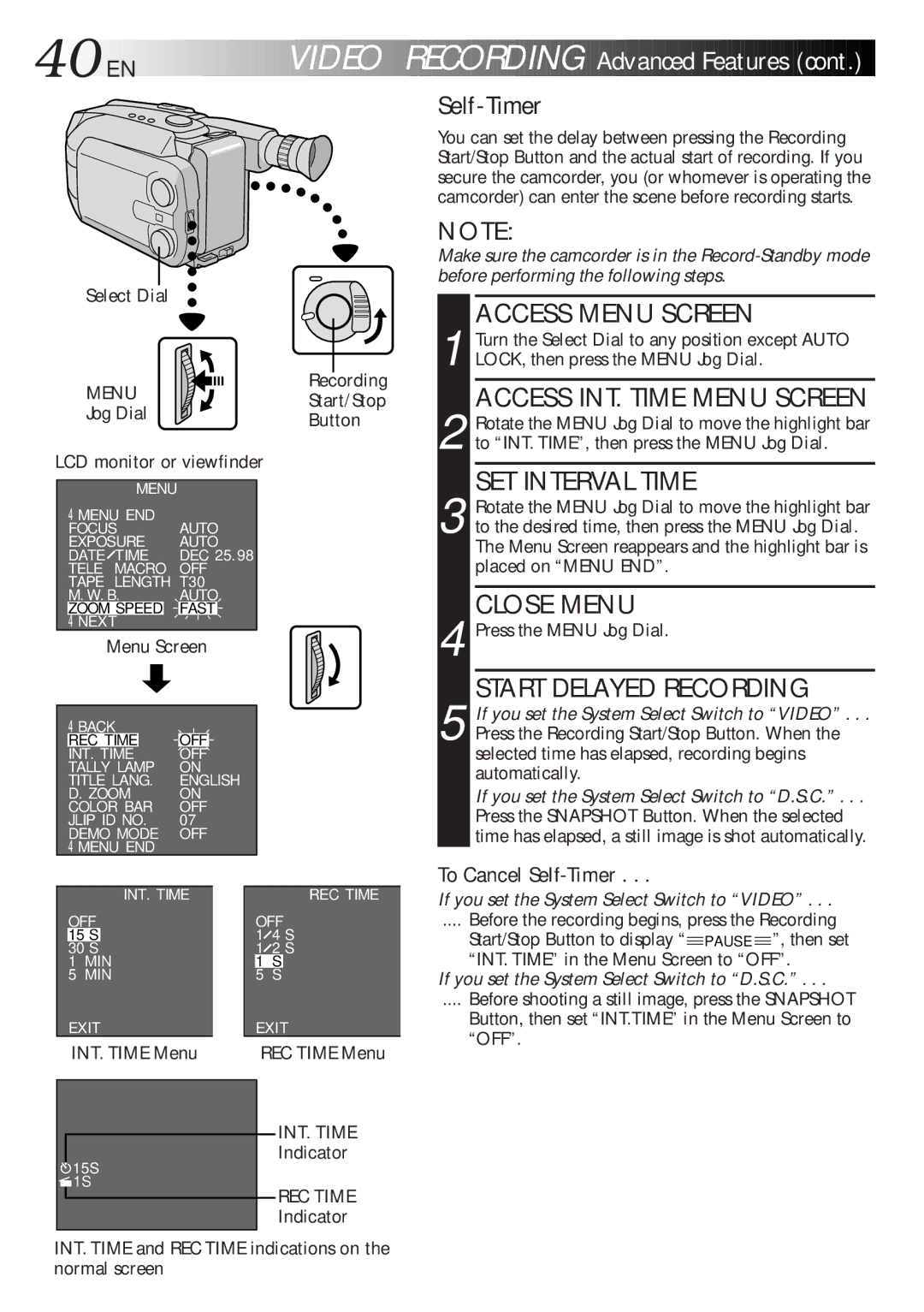 JVC GR-AXM700 manual INT. Time Menu, REC Time Menu, Indicator 