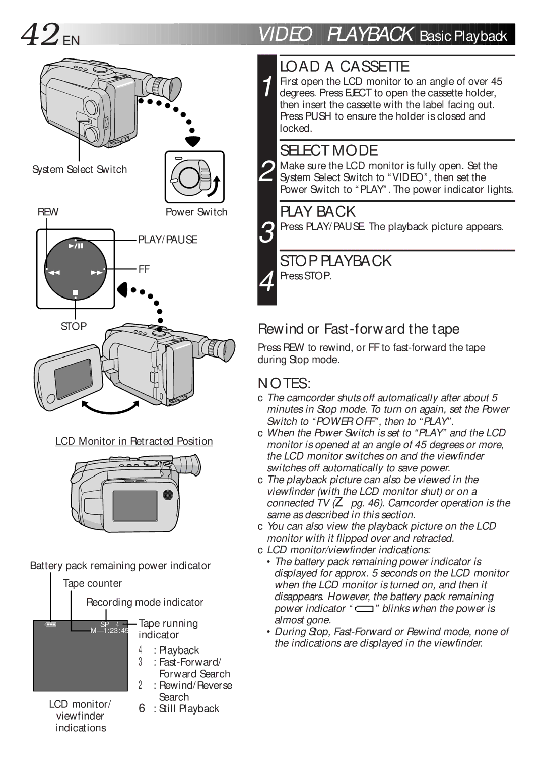 JVC GR-AXM700 manual 42 EN, Video Playback Basic Playback, Rewind or Fast-forward the tape, Play Back 