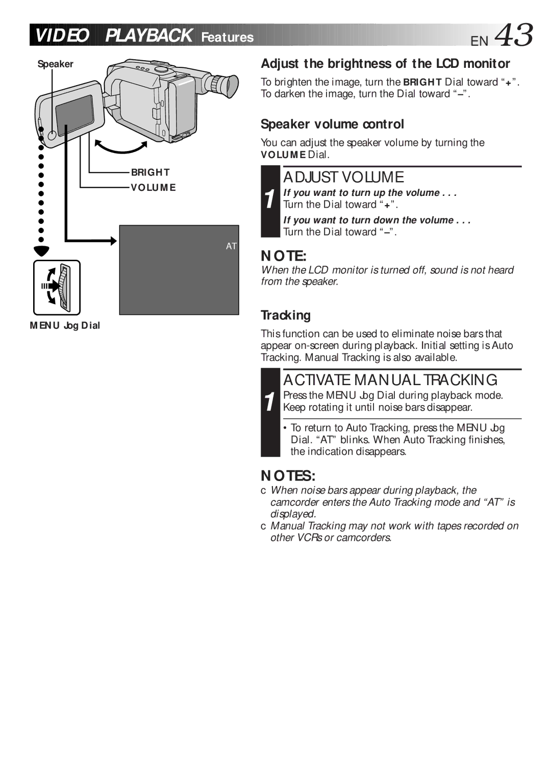 JVC GR-AXM700 manual Video Playback, Features EN, Speaker volume control, Tracking 