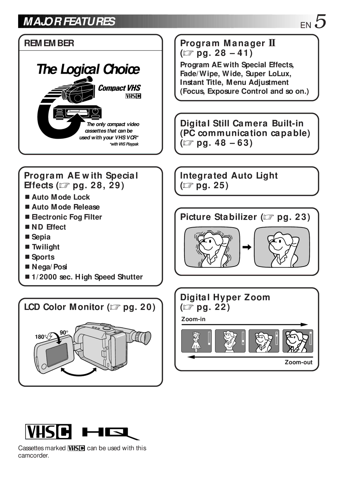 JVC GR-AXM700 manual Major Features, Zoom-in, Zoom-out, Cassettes marked can be used with this camcorder 