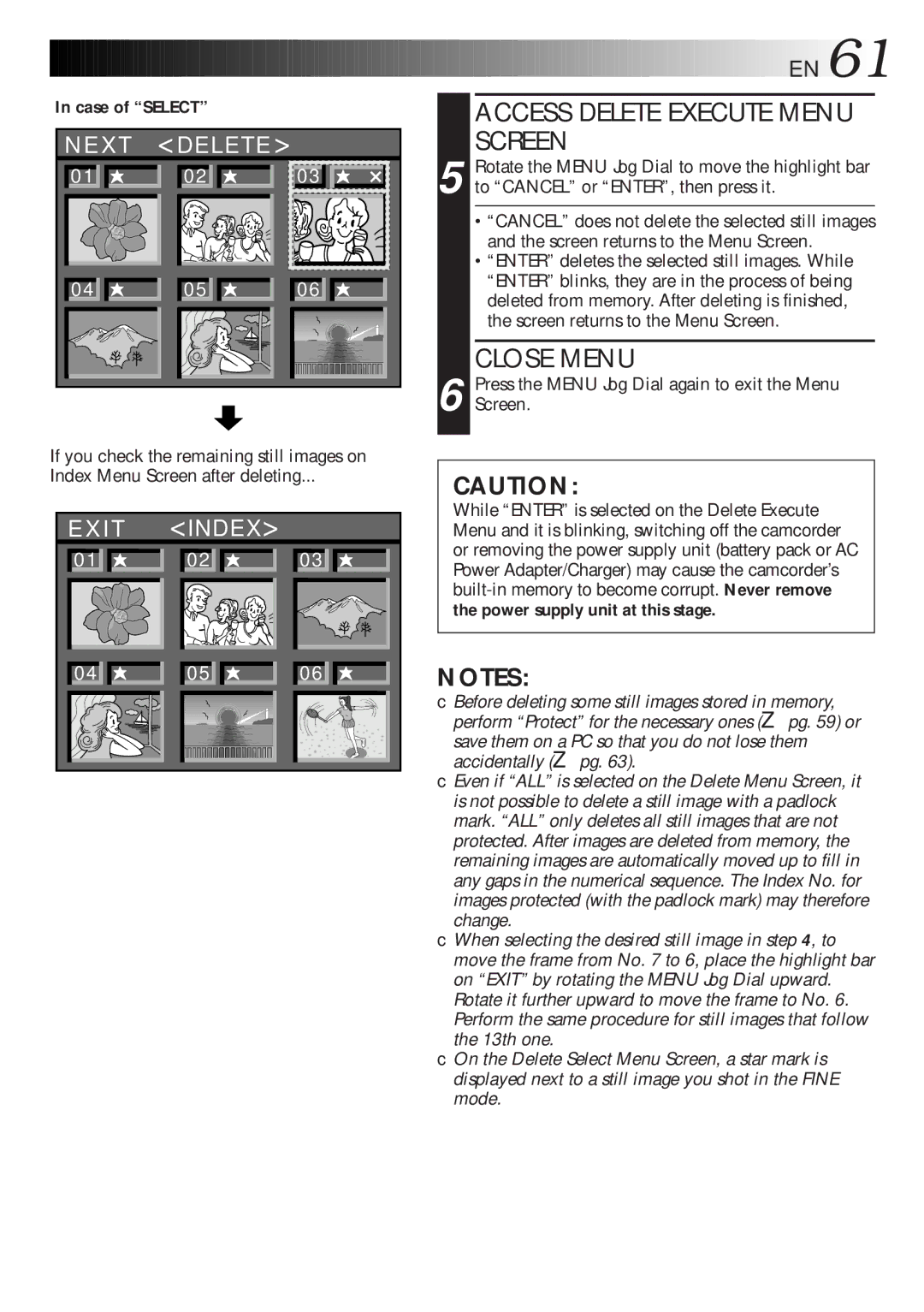 JVC GR-AXM700 manual Access Delete Execute Menu Screen, Index 