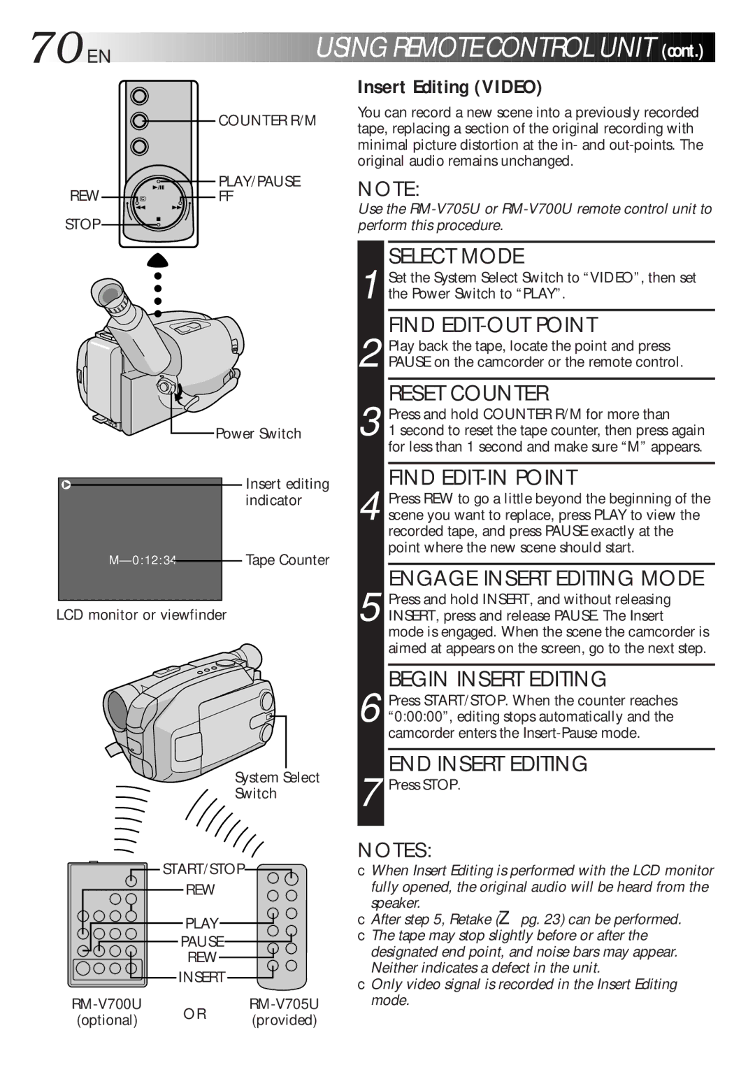 JVC GR-AXM700 manual LCD monitor or viewfinder System Select Switch, START/STOP REW Play Pause Insert 