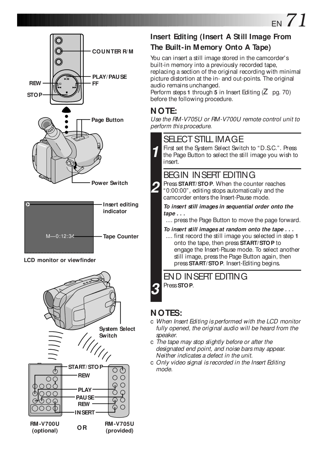 JVC GR-AXM700 manual Select Still Image, Begin Insert Editing, END Insert Editing, Button Power Switch 