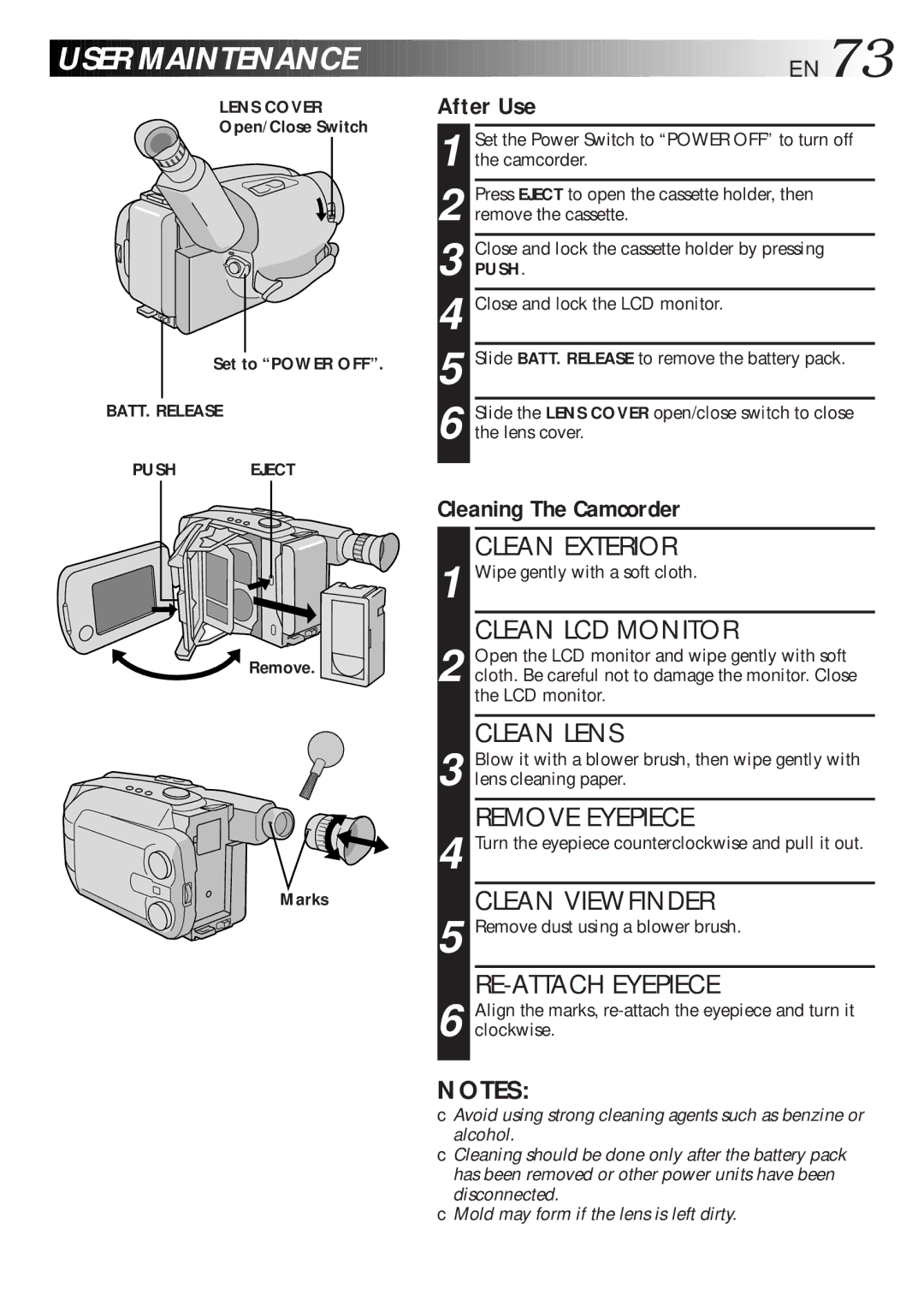 JVC GR-AXM700 manual User Maintenance, After Use, Lens Cover, BATT. Release Push Eject 