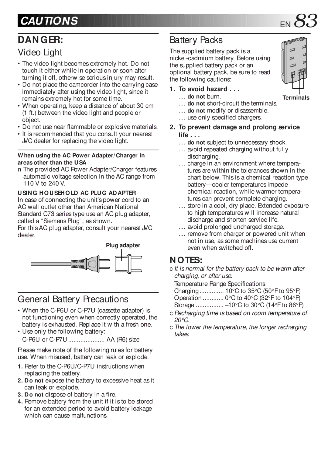 JVC GR-AXM700 To avoid hazard, To prevent damage and prolong service life, Using Household AC Plug Adapter, Plug adapter 