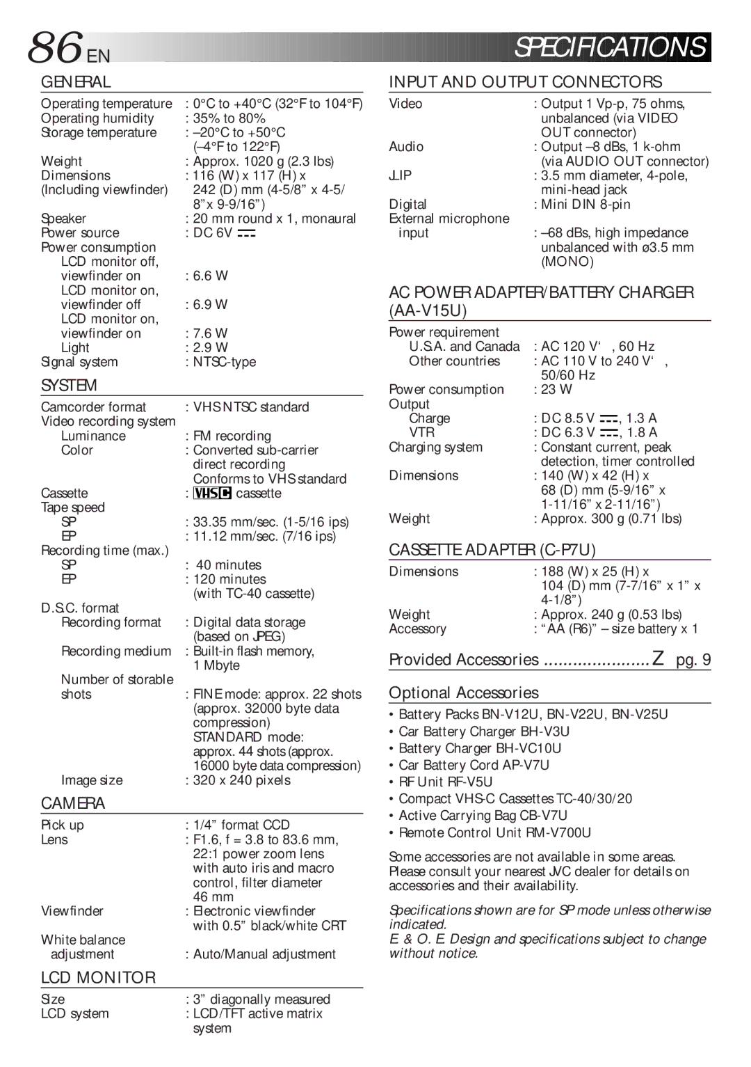 JVC GR-AXM700 manual Specifications 