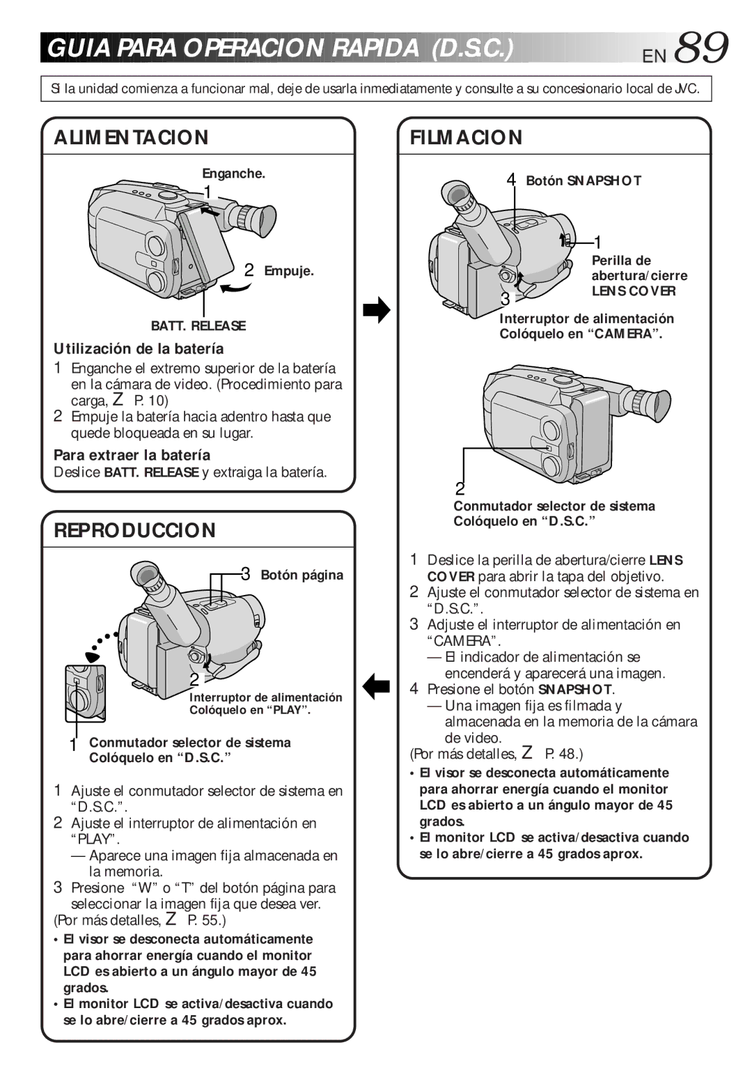 JVC GR-AXM700 manual Guia Para Operacion Rapida D.S.C. EN, Enganche, Botón Snapshot Empuje, Lens Cover BATT. Release 