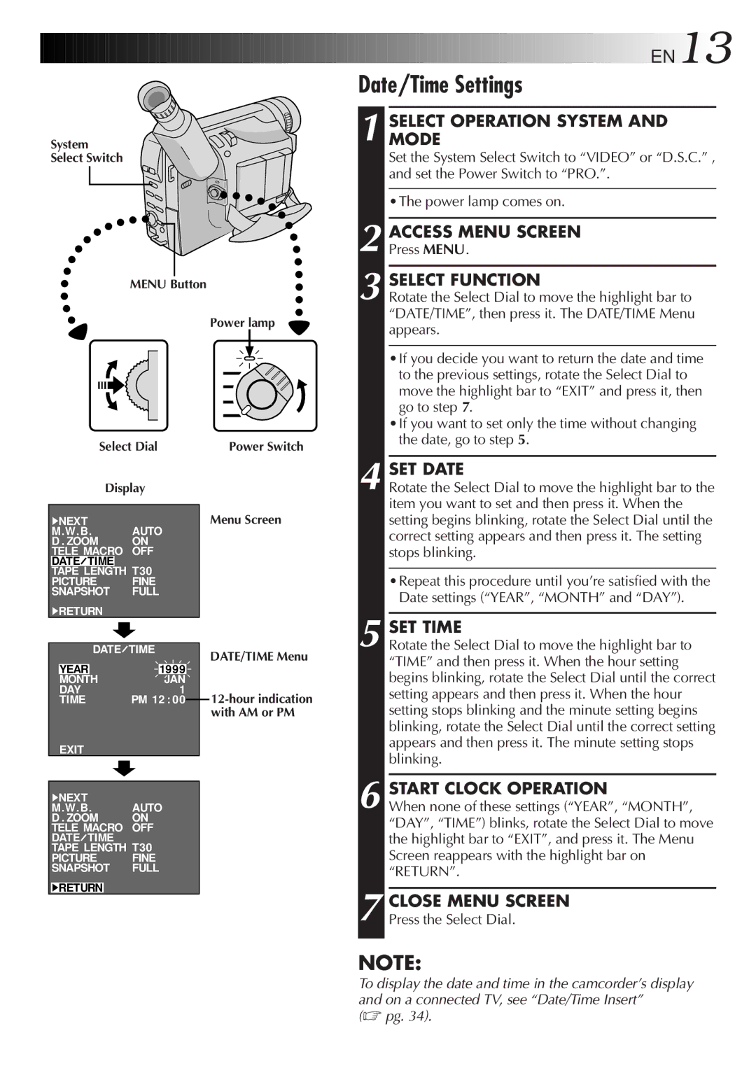 JVC GR-AXM710 manual Date/Time Settings 