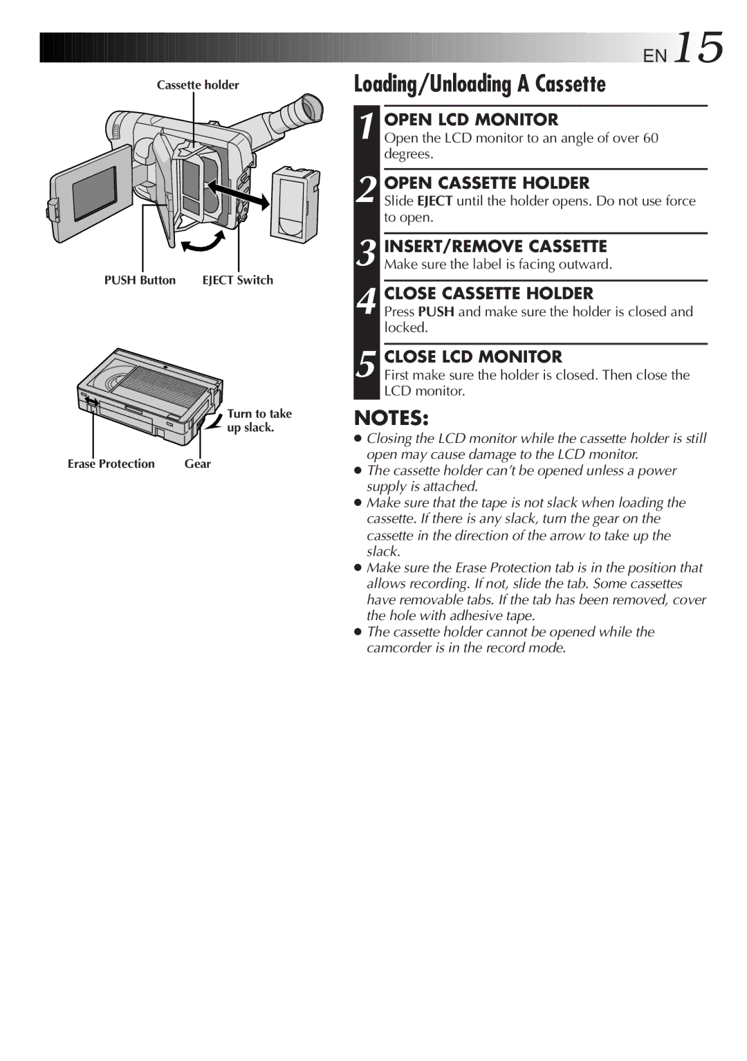 JVC GR-AXM710 manual Loading/Unloading a Cassette, Open LCD Monitor, Open Cassette Holder, Close Cassette Holder 