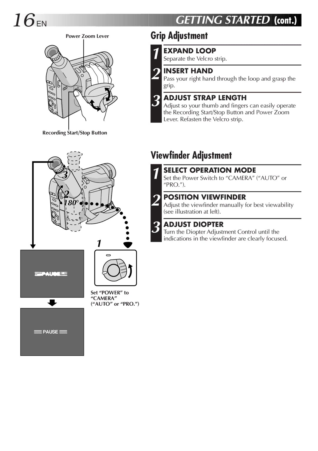 JVC GR-AXM710 manual Grip Adjustment, Viewfinder Adjustment 