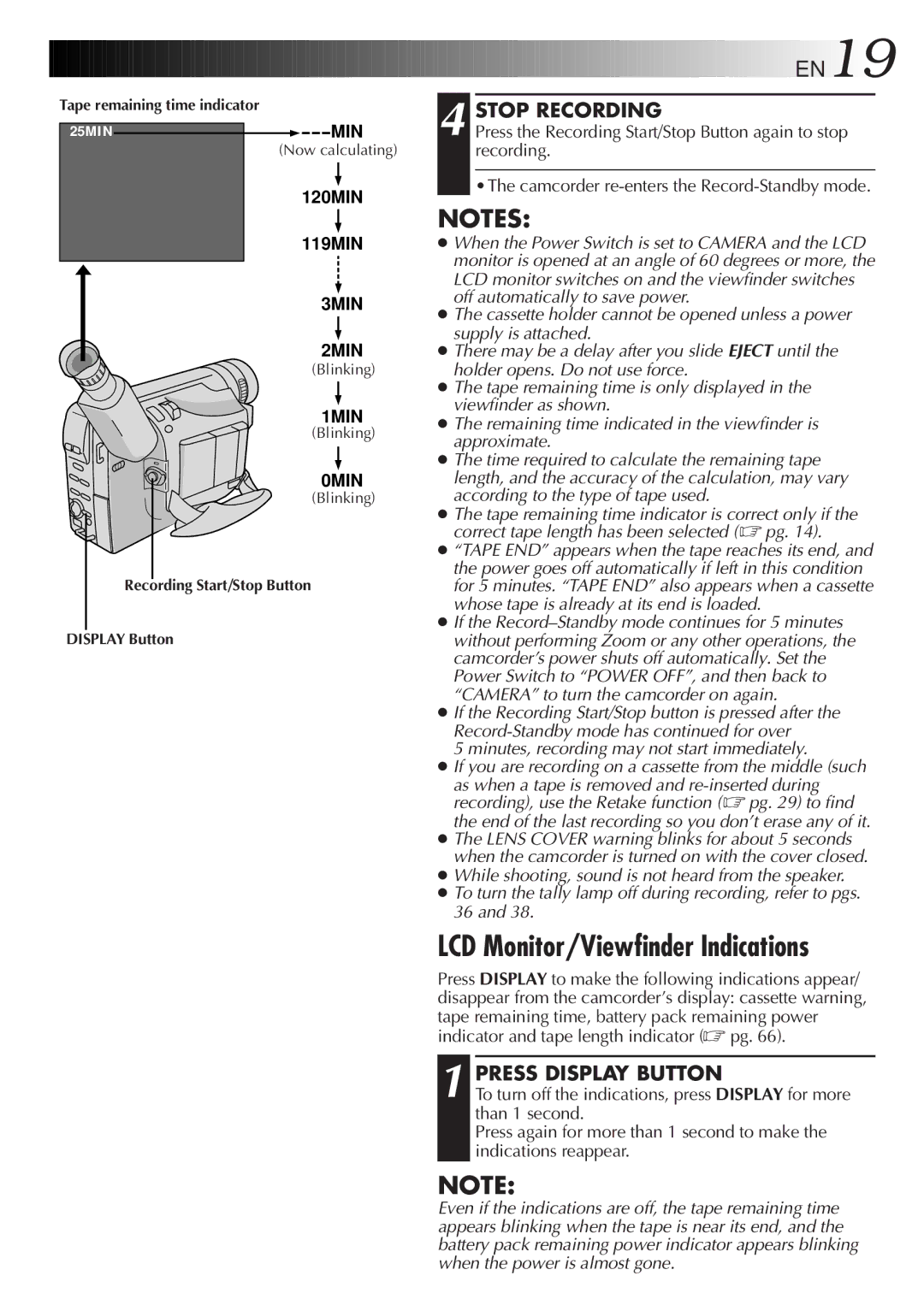 JVC GR-AXM710 LCD Monitor/Viewfinder Indications, Stop Recording, Press Display Button, Tape remaining time indicator 